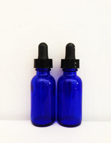 Two 1 oz Blue Glass Cobalt Bottles with Droppers.