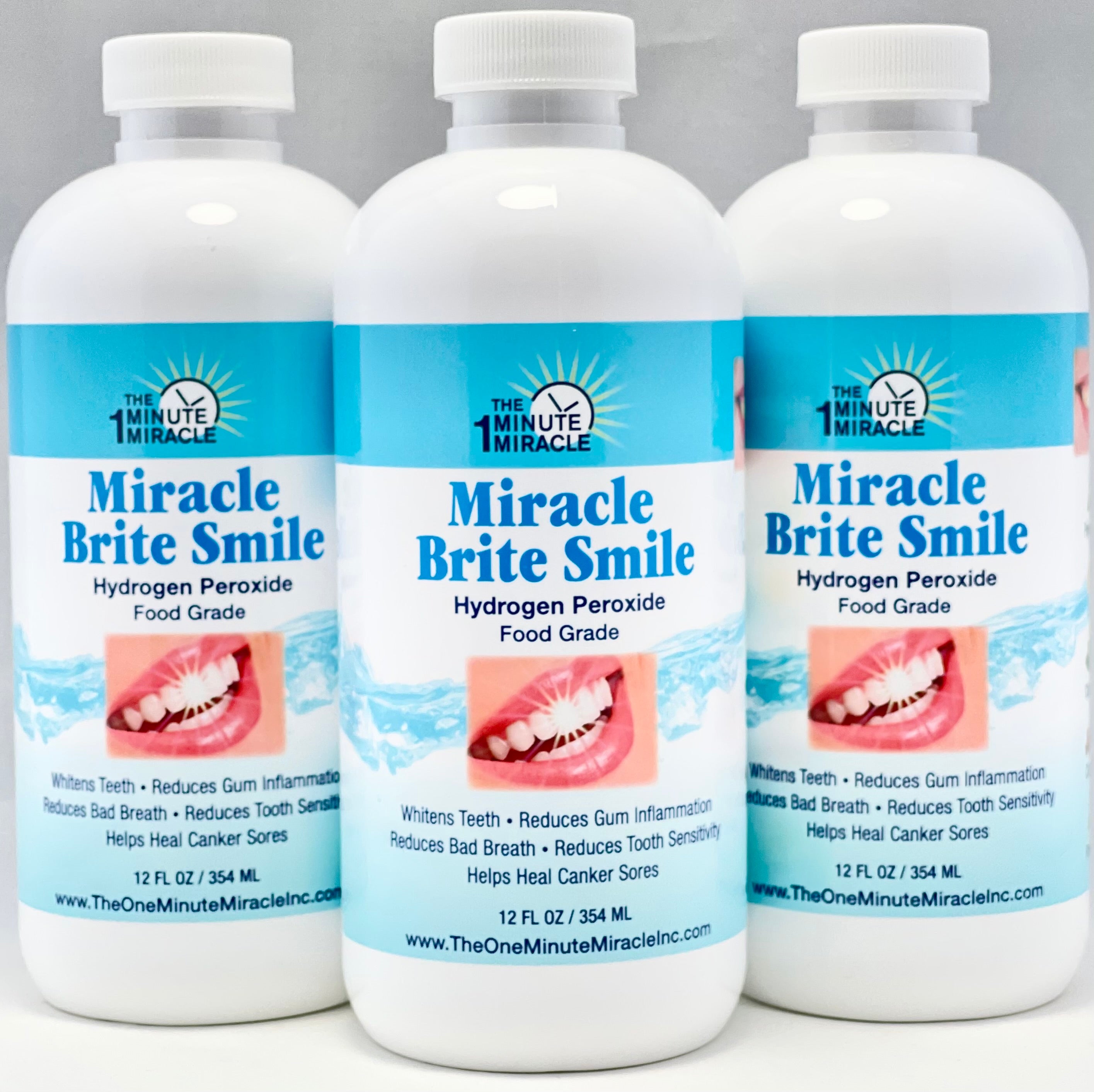 Miracle Brite Smile - Essential Oxygen Organic Rinse Mouthwash for Whiter Teeth, Fresher Breath, and Healthier Gums, Peppermint - 3 Bottle 12 fl. oz